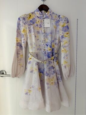NWT Zimmermann Crush Buttoned Mini Dress in Lilac Floral Lavender & Yellow Belt